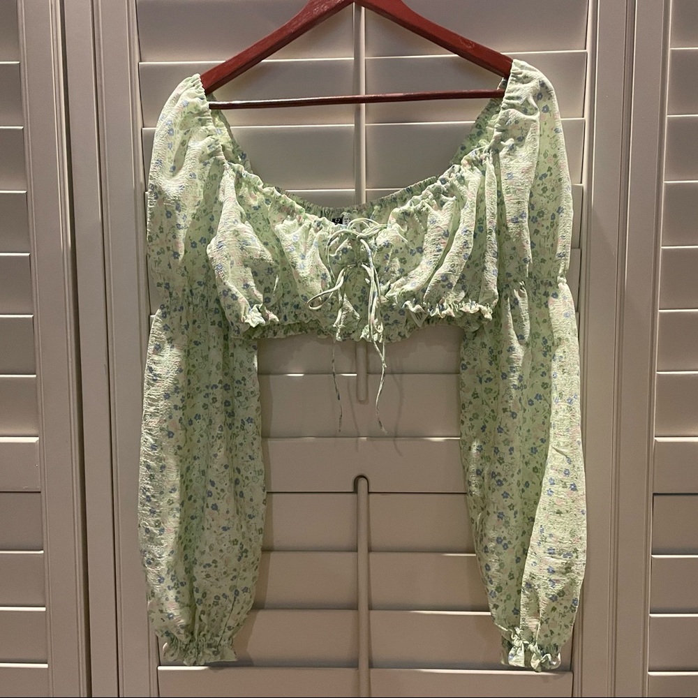 Light Green Floral Cropped Long Sleeve Top
